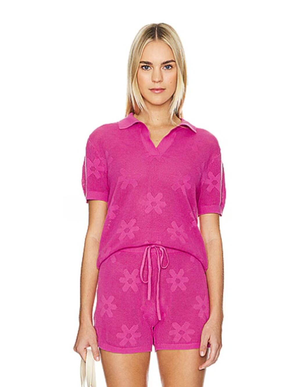 Beach Riot Pink Blossom Jacquard Floral Polo Top Medium Preppy Resortwear Beach